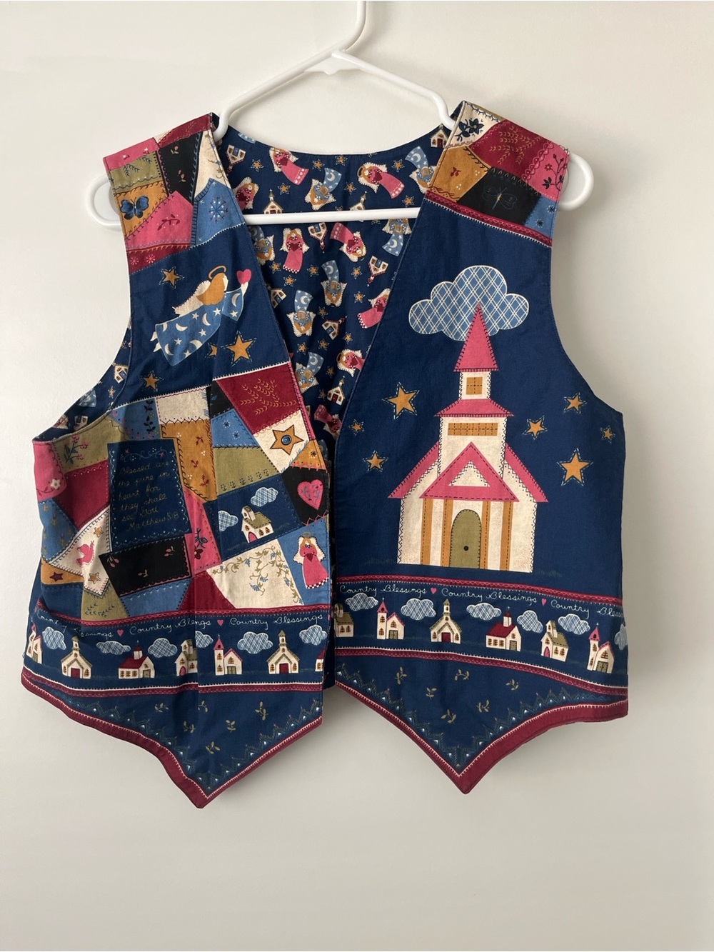 Navy Patchwork Vest with Church Appliqué, Hand Sewn
